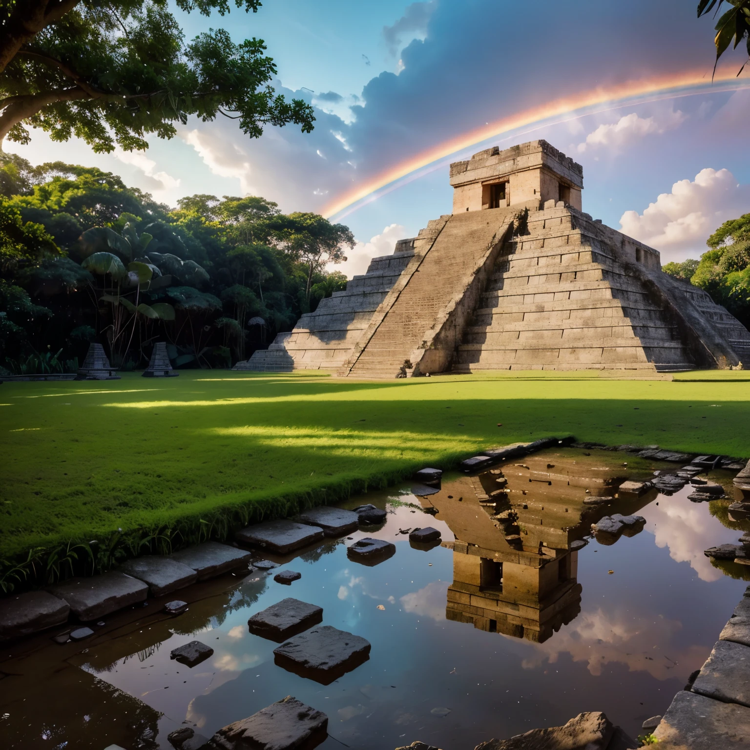 Chichen Itza,(no human,)A rainbow hangs in the sky, dawn, an ancient temple in the forest,