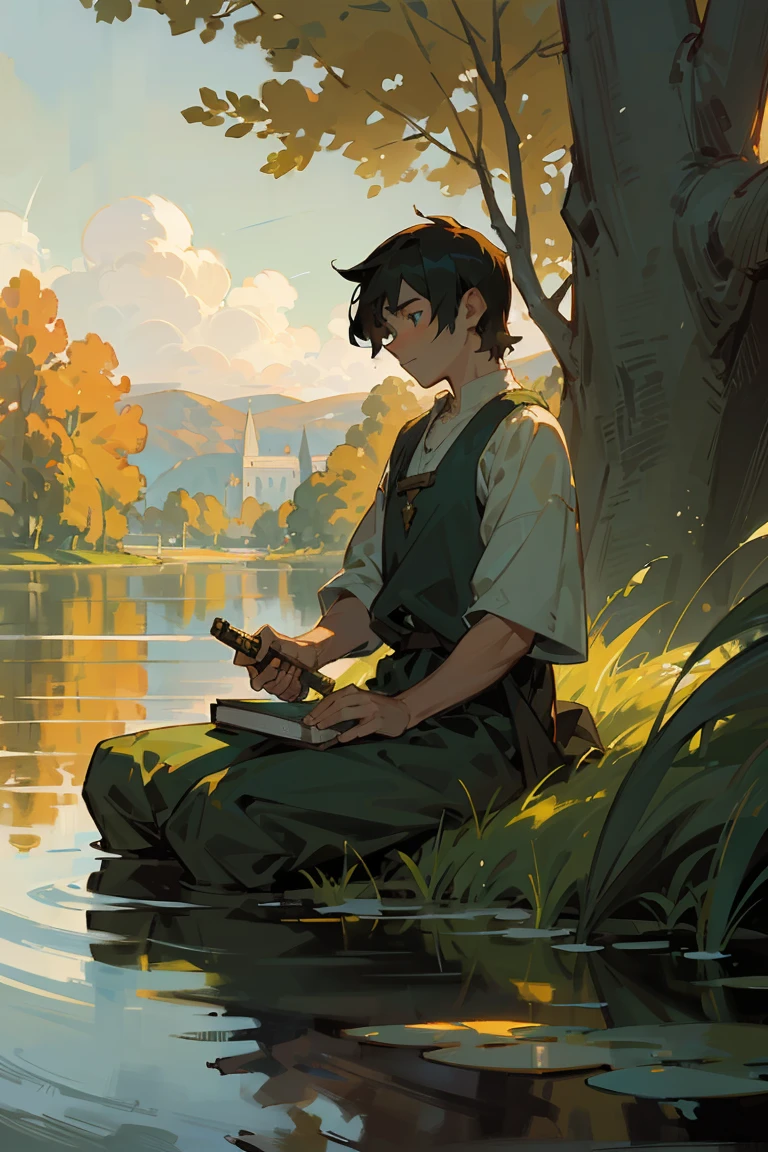 /imagine prompt: A peaceful lakeside scene at dusk, where the calm water reflects the soft colors of the sunset. Jason Troyard, a boy with tousled black hair and striking blue eyes, is seated on the grass, fully absorbed in an ancient book. His clothes are white medieval t shirt, perfect for study, and a few other books are scattered around him. In the background, Caldor Bronn, a boy with fiery orange hair and bright green eyes, practices swordsmanship with vigor, in his green medieval shirt. The sword glints in the last rays of the sun, adding a dynamic element to the serene setting. The overall scene captures a balance of tranquility and determination, with soft lighting and detailed textures enhancing the mood. Created Using: natural landscape, soft ambient light, sharp character focus, dynamic lighting effects, subtle color grading, high-resolution finish, classic fantasy aesthetic, hd quality --ar 16:9 --v 6.0