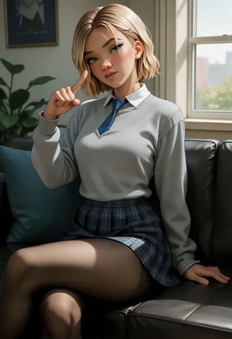 gwen stacy, grey sweater, white shirt, blue tie, dark pantyhose, sitting on a sofa, crossed legs, flushed, , black pantyhose, , ...