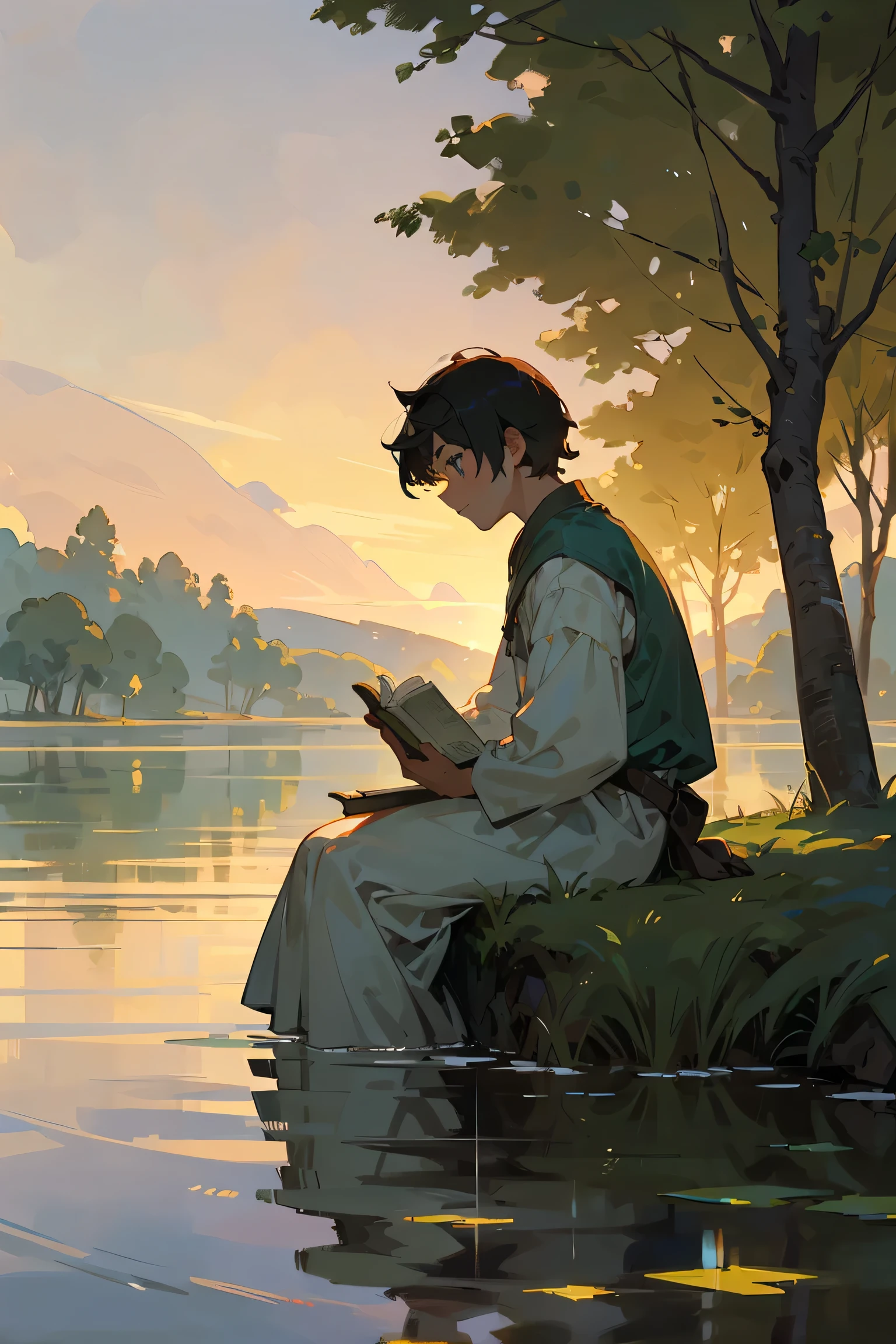 /imagine prompt: A peaceful lakeside scene at dusk, where the calm water reflects the soft colors of the sunset. Jason Troyard, a boy with tousled black hair and striking blue eyes, is seated on the grass, fully absorbed in an ancient book. His clothes are white medieval t shirt, perfect for study, and a few other books are scattered around him. In the background, Caldor Bronn, a boy with fiery orange hair and bright green eyes, practices swordsmanship with vigor, in his green medieval shirt. The sword glints in the last rays of the sun, adding a dynamic element to the serene setting. The overall scene captures a balance of tranquility and determination, with soft lighting and detailed textures enhancing the mood. Created Using: natural landscape, soft ambient light, sharp character focus, dynamic lighting effects, subtle color grading, high-resolution finish, classic fantasy aesthetic, hd quality --ar 16:9 --v 6.0