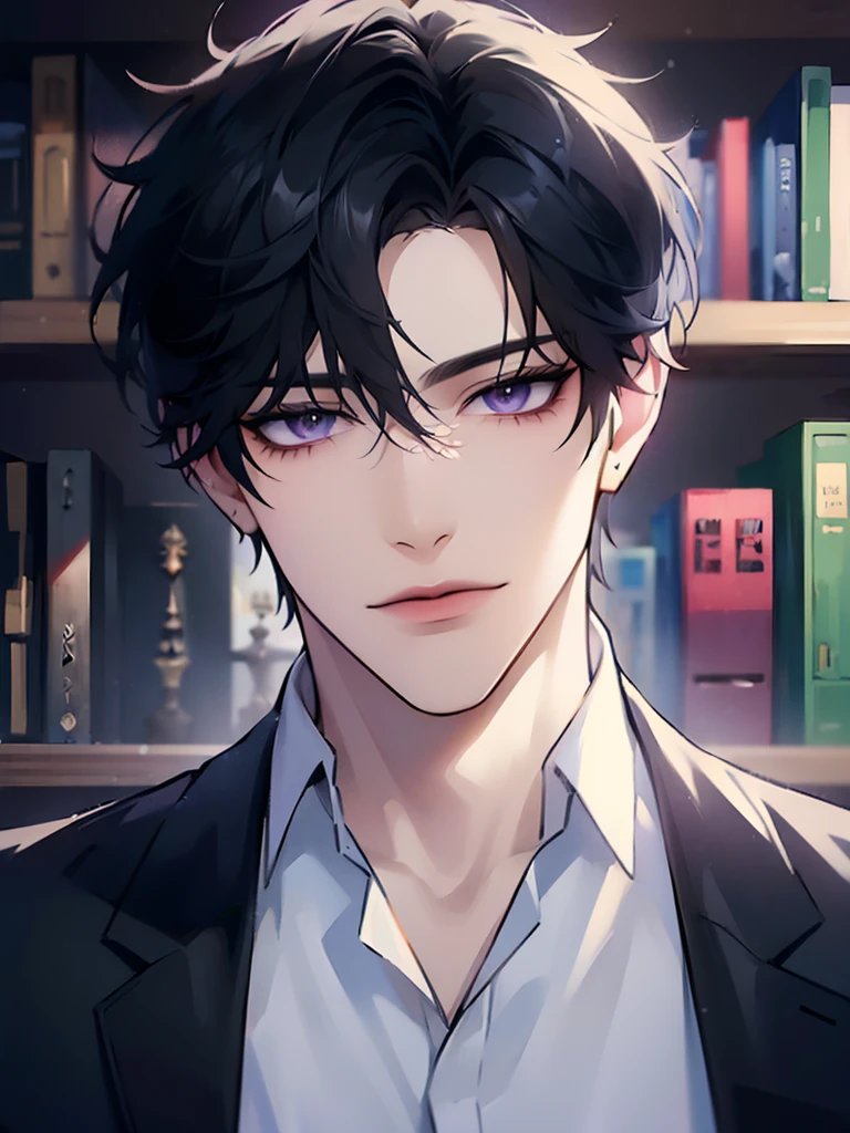 (masterpiece, 8k, high quality, best quality:1.6), 1boy, solo, short hair, black hair, asymmetrical fringe, purple eyes, handsome, sharp eyes, (mature male, mature:1.2), male focus, fashionable, tucked in open white collared shirt, gray pants, necklace, close up, smile, long eyelashes, detailed face, beautiful detailed eyes, intricate details, detailed eyes, soft shadows, perfect anatomy, indoors, home office, bookshelf, desk