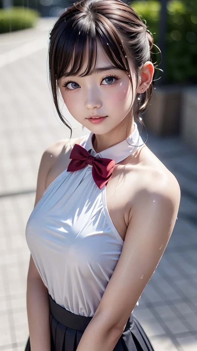 Adorable, Japanese Girls, (Portraiture, close:1),Curly shorthair, Scrunchie,( cheek,Glossy Lips:1),View your viewers, ,Sweaty, (Baby Face), (Embarrassing, smile:0.7), (Pale skin:1.1), (From the side), sunset, catch_Light, (masterpiece, Highest quality:1.2), Browsing Caution, 8k, Official Art, RAW Photos, Unbelievably absurd, , beautiful girl, 1、Cute Face, arched back, Navy Pleated Skirt, close, 10 generations, street, Looking at the audience, Film Grain, chromatic aberration, Sharp focus, フェイスLight, Dynamic Lighting, Cinema Lighting, Detailed eyes and face, Background Blur, (1 dark red bow tie:1.2)、(heavy rain、Dark Sky:1.5)、One Girl、blush、View your audience、Big and ample breasts、valley、Soaking wet hair、Wet Face,Wet Skin、Wet body、Wet costume、flower、hairpin、necklace、Earrings、Depth of the written border、尖ったRed Mouth、Red Mouth,clavicle、Beautiful fingers、Please loosen your tie、cute Wet Face,My breasts are open,Sperm bukkake,Semen Bukkake,Facial porn,