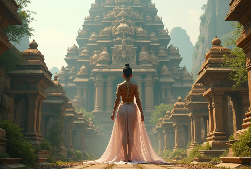 Ancient architecture, Hindu temples, ((masterpiece, Highest quality, Best image quality, High resolution, Realistic, RAW Photos, 8k, Highly detailed CG synthesis 8k wallpaper)), (Huge and stunning goddess shot, Very hot and sexy, Incredible beauty, Perfect Proportions, Beautiful body, Slim body beauty:1.4), view from below, 