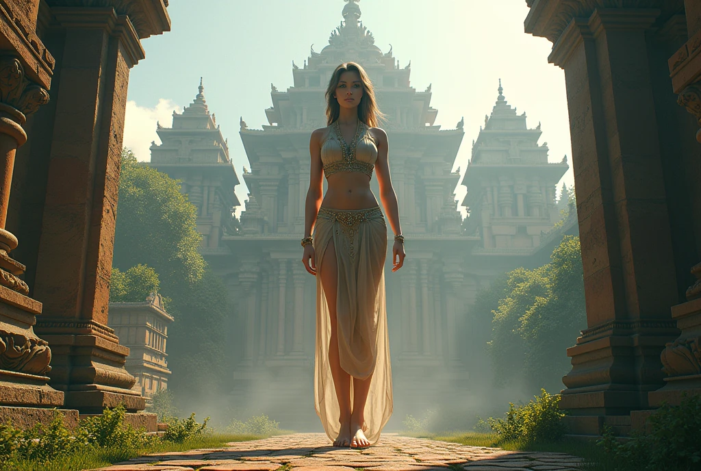 Ancient architecture, Hindu temples, ((masterpiece, Highest quality, Best image quality, High resolution, Realistic, RAW Photos, 8k, Highly detailed CG synthesis 8k wallpaper)), (Huge and stunning goddess shot, Very hot and sexy, Incredible beauty, Perfect Proportions, Beautiful body, Slim body beauty:1.4), view from below, 