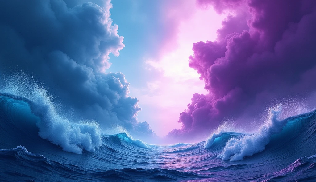 Create a dynamic and dramatic background for a BattleArt thumbnail, tailored for a specific match. The left side should reflect the identity of SeaArt, featuring stylized ocean waves in deep blue tones. The right side should contrast with a technological theme, symbolizing PlaygroundAI's robotic nature, with sleek, metallic patterns, circuit lines, and digital textures in vibrant violet. The center should have a sharp division with dramatic lightning bolts in two colors, creating a powerful, unified yet contrasting atmosphere. Ensure that both sides blend seamlessly in the center, maintaining a consistent style while showcasing the unique identities of the competing AIs.