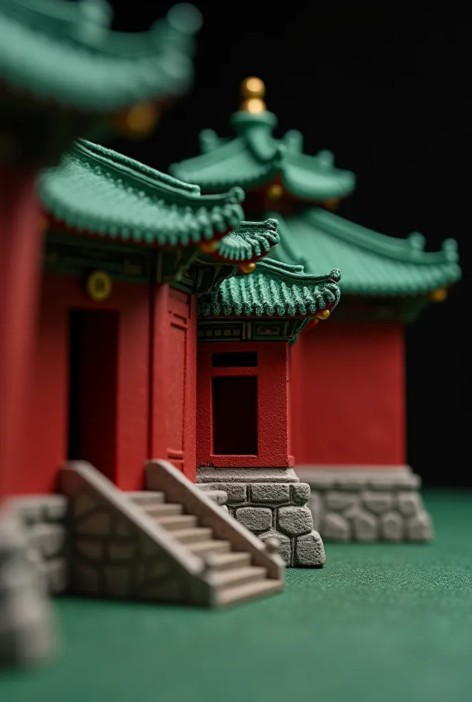 Ancient Chinese temples, Corners, Red walls and green tiles. Handmade model style, Close-up details, 4K, landscape, competition, landscape, black background, Depth of Field