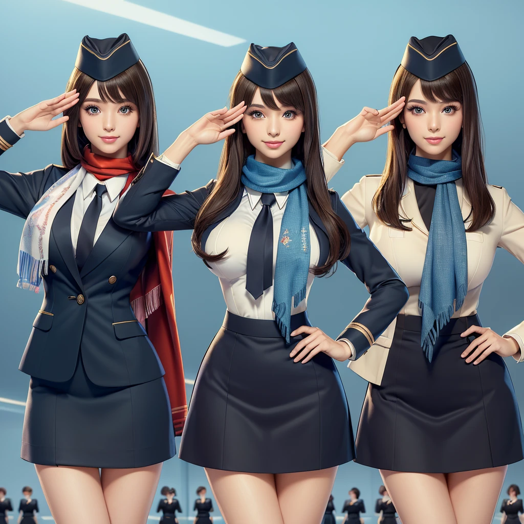 (best quality, masterpiece:1.5), (ultra-detailed, realistic:1.37),4K,cute,beautiful,(3women),(stewardess),(flight attendant uniform:1.2),(skirt),(big breast),(scarf),salute pose,