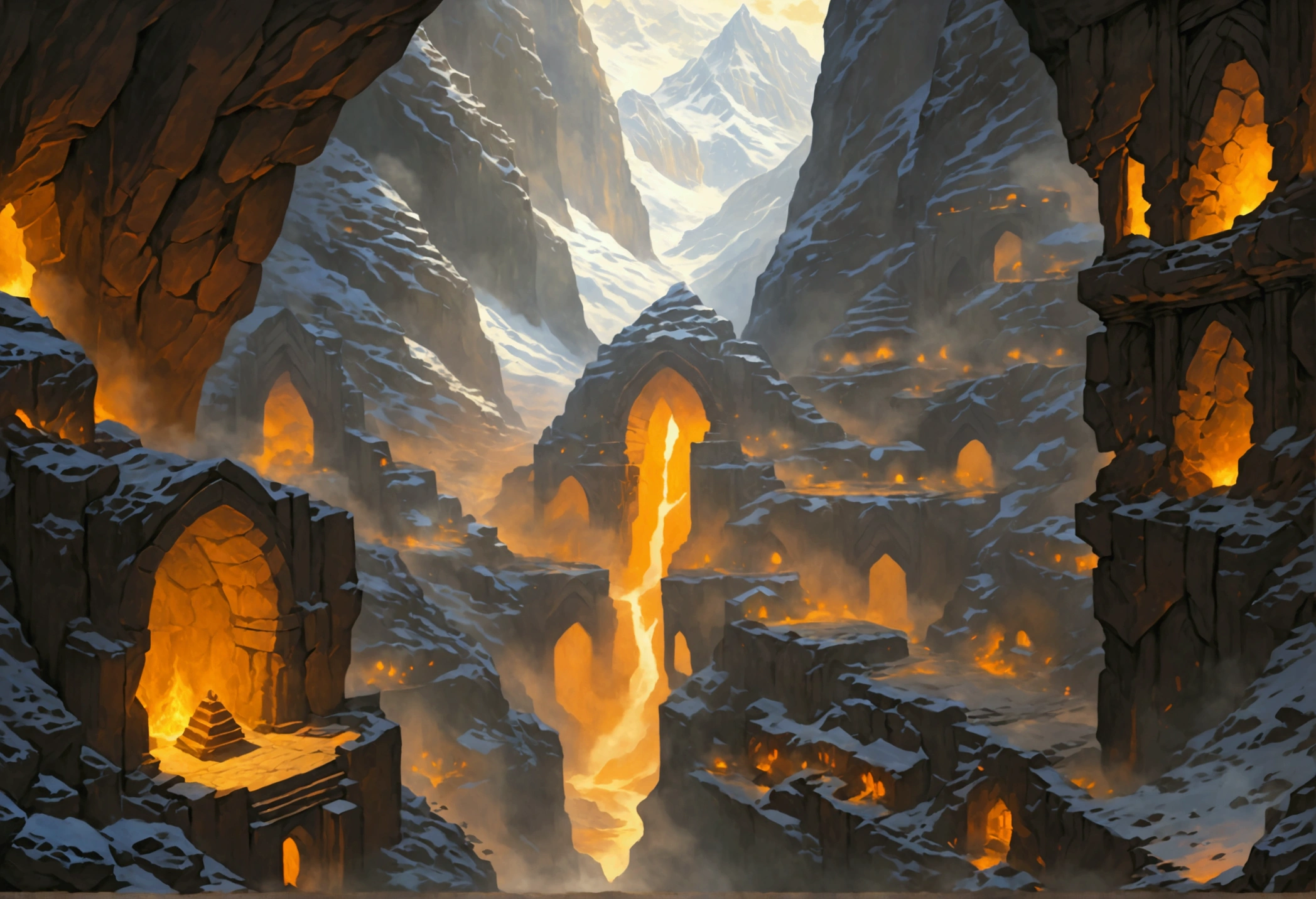 oil art, comic art ancient dwarven city, deep city, built into the mountain, massive forge, long corridors, epic Undermountain city, 