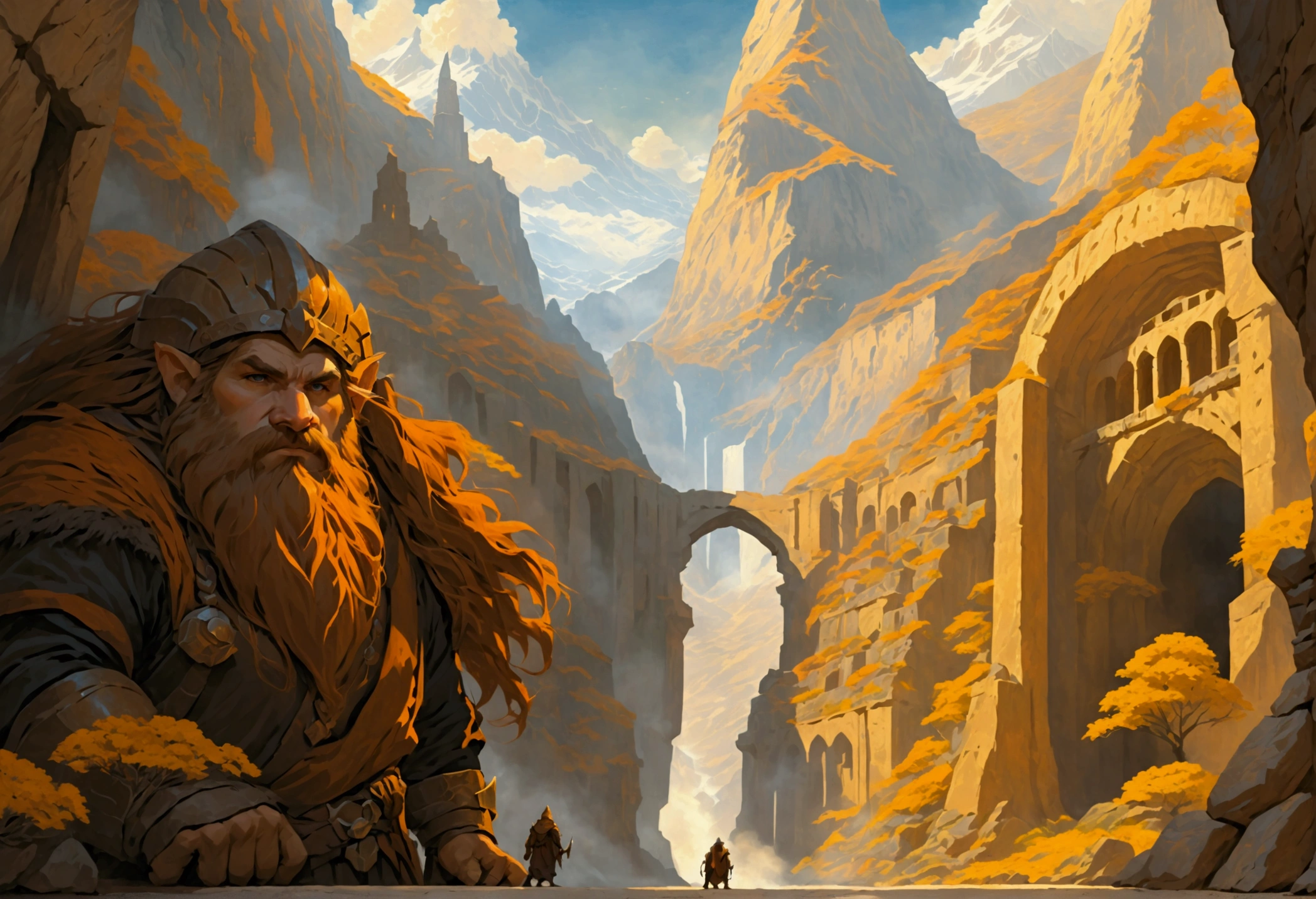 comic art ancient dwarven city, deep city, built into the mountain, massive forge, long corridors, epic Undermountain city