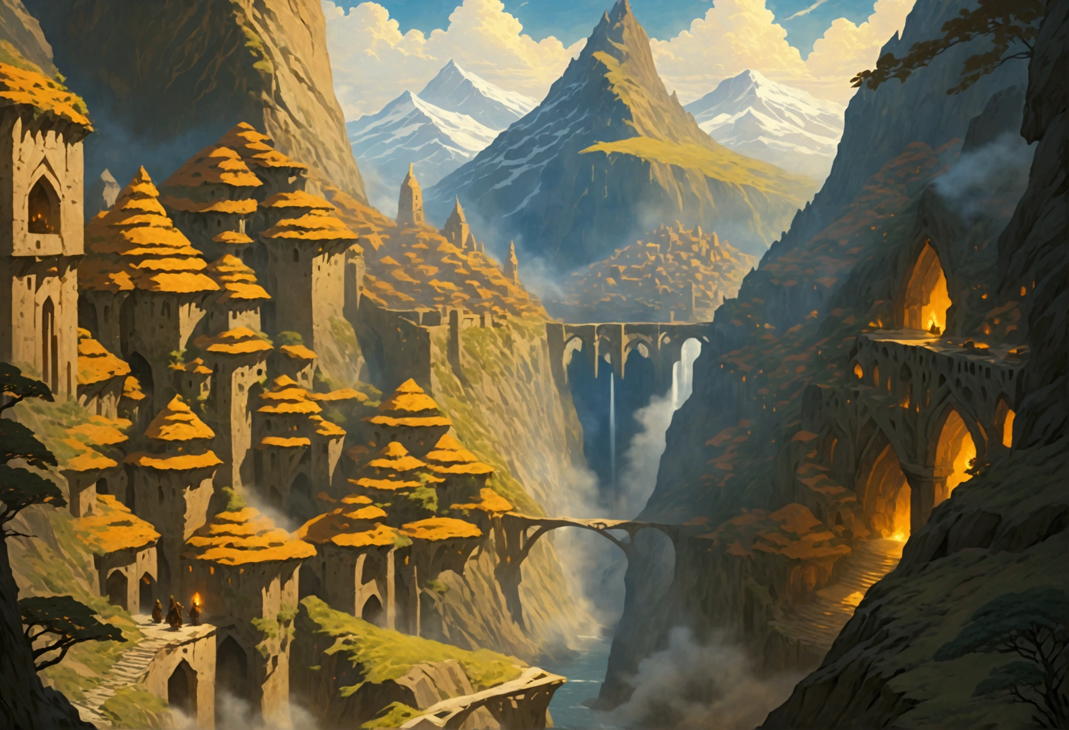 comic art ancient dwarven city, deep city, built into the mountain, massive forge, long corridors, epic Undermountain city