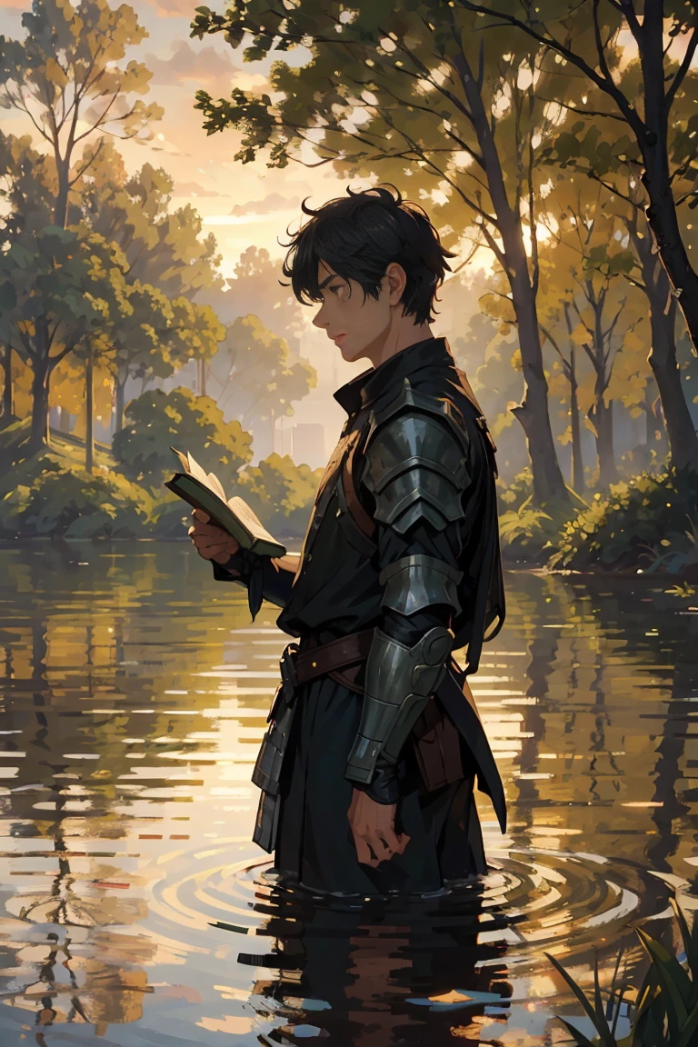 Prompt 2: /imagine prompt: A tranquil lakeside scene at dusk, where year 10 Jason Troyard reads from a weathered book, his black hair gently tousled by the breeze. Beside him, year 10 Caldor Bronn, with fiery orange hair and sharp green eyes, listens while practicing with his sword, dressed in light armor. The still waters of the lake reflect the sunset, surrounded by tall grass and a few trees. Created Using: realistic textures, warm color palette, detailed armor design, hd quality, gentle lighting, dynamic posing, cinematic atmosphere --ar 16:9 --v 6.0