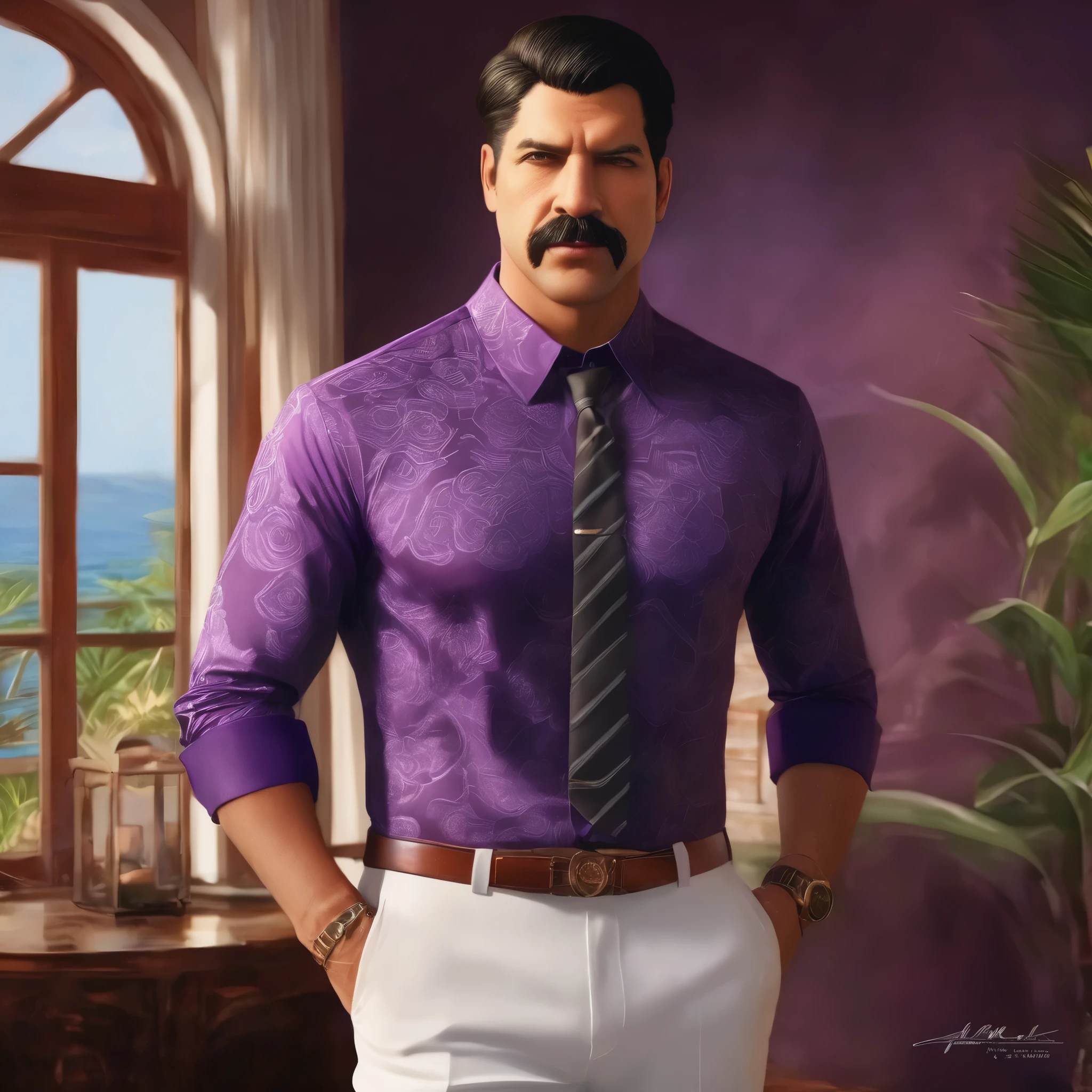 (obra maestra, Mejor calidad:1.2), 1 chico, thenahualli, serious, dangerous man, elegant, elegante, (((purple shirt, suit pants, white pants))), mansion, bedroom, indoor, big windows, Hawaii, (((realistic, detailed, photorealistic))), close up, closeup, de cerca