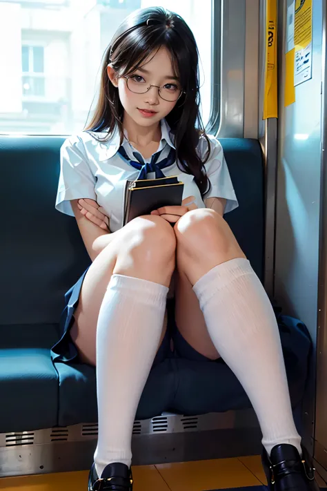 4k.sharp focus、(((sit well))), beauty sitting on train seat, taken from the opposite seat, knee height seat, view photographer, ...