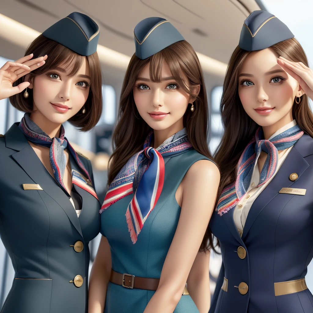 (best quality, masterpiece:1.5), (ultra-detailed, realistic:1.37),4K,cute,beautiful,(3women),(stewardess),(flight attendant uniform:1.2),(skirt),(big breast),(scarf),salute pose,