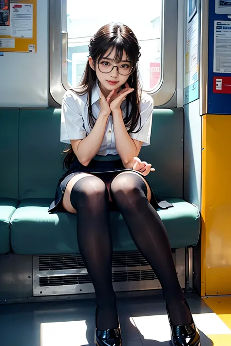 4k.sharp focus、(((sit well))), beauty sitting on train seat, taken from the opposite seat, knee height seat, view photographer, ...