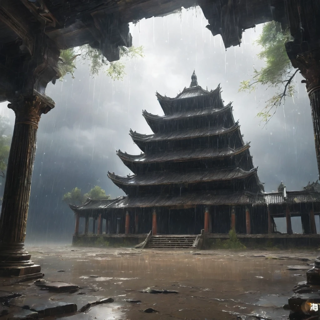 (best quality, masterpiece),( Dark sky, Heavy rain, Inside the abandoned temple, Low water level, ), Realistic background, 2112, Light*_Black_particle,