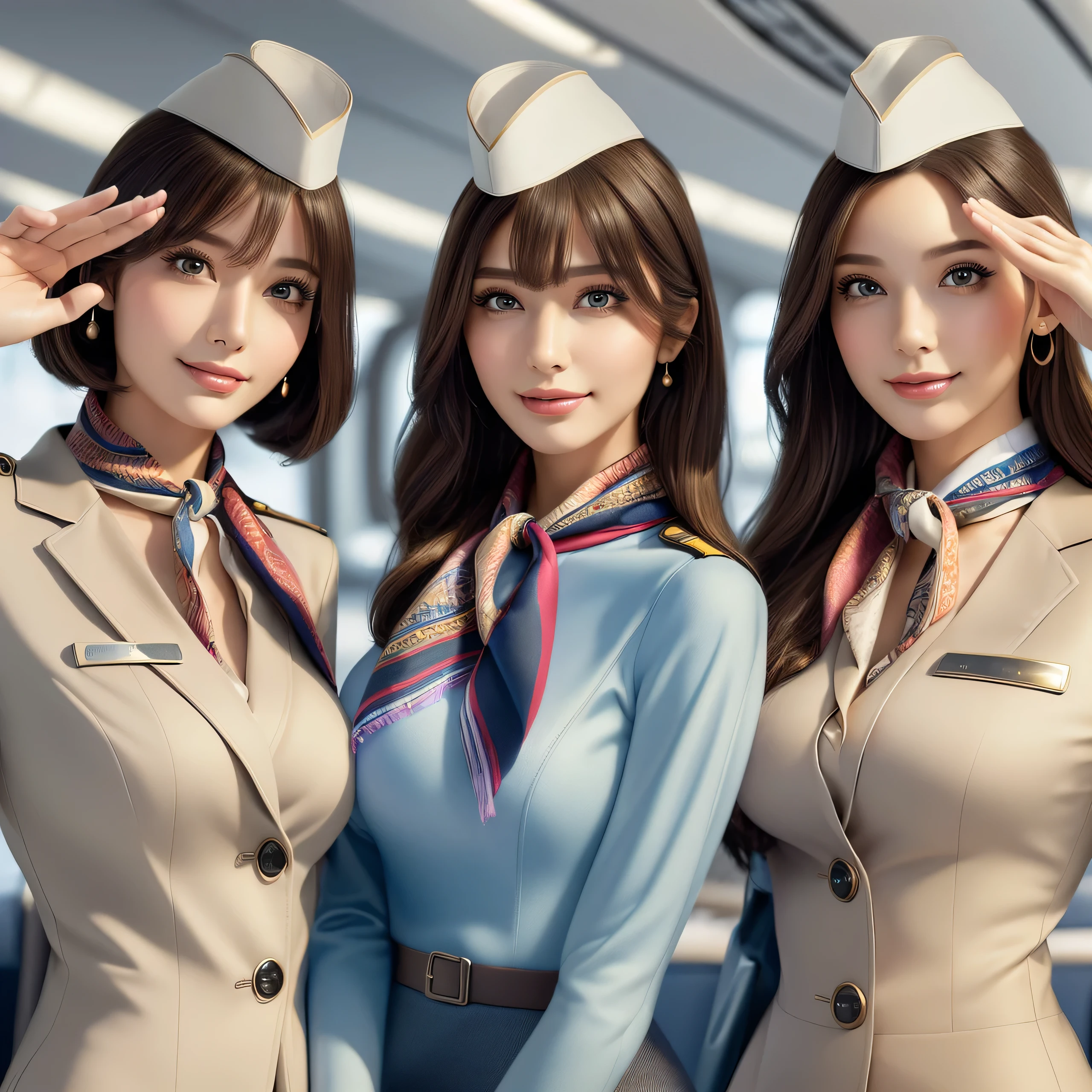 (best quality, masterpiece:1.5), (ultra-detailed, realistic:1.37),4K,cute,beautiful,(3women),(stewardess),(flight attendant uniform:1.2),(skirt),(big breast),(scarf),salute pose,