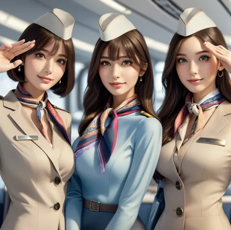 (best quality, masterpiece:1.5), (ultra-detailed, realistic:1.37),4k,cute,beautiful,(3women),(stewardess),(flight attendant unif...