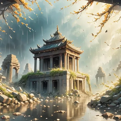 (best quality, masterpiece),( dark sky, heavy rain, inside the abandoned temple, low water level, ), realistic background, 2112,...