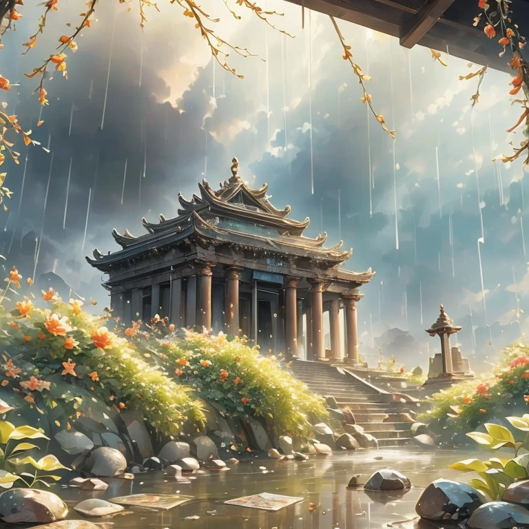 (best quality, masterpiece),( Dark sky, Heavy rain, Inside the abandoned temple, Low water level, ), Realistic background, 2112, Light*_Black_particle,