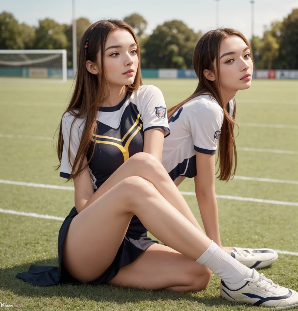 Scandinavian young woman, cute face, fascinating, highest quality, masterpiece, , closed mouth, cheerleader uniform (top, black miniskirt (, on amateur university soccer field, very detailed and without errors), pause,カジュアルな, , [blush], beautiful, complex, caustic, (( (soft lips))), , Very detailed, (realistic: 1.2), Niroudef, Redhead, perfect legs, face to the viewer.