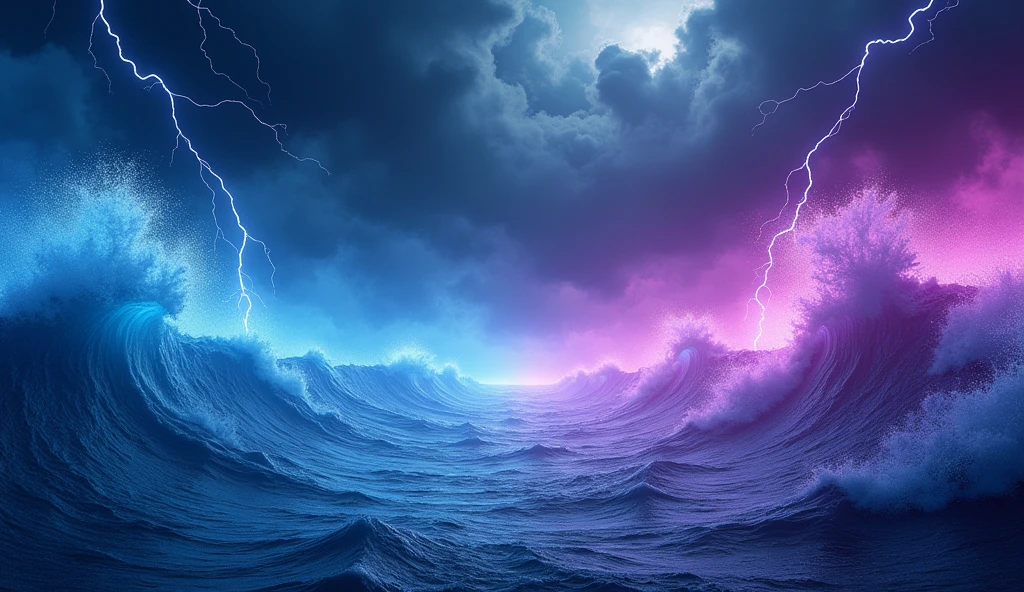 Create a dynamic and dramatic background for a BattleArt thumbnail, tailored for a specific match. The left side should reflect the identity of SeaArt, featuring stylized ocean waves in deep blue tones. The right side should contrast with a technological theme, symbolizing PlaygroundAI's robotic nature, with sleek, metallic patterns, circuit lines, and digital textures in vibrant violet. The center should have a sharp division with dramatic lightning bolts in two colors, creating a powerful, unified yet contrasting atmosphere. Ensure that both sides blend seamlessly in the center, maintaining a consistent style while showcasing the unique identities of the competing AIs.