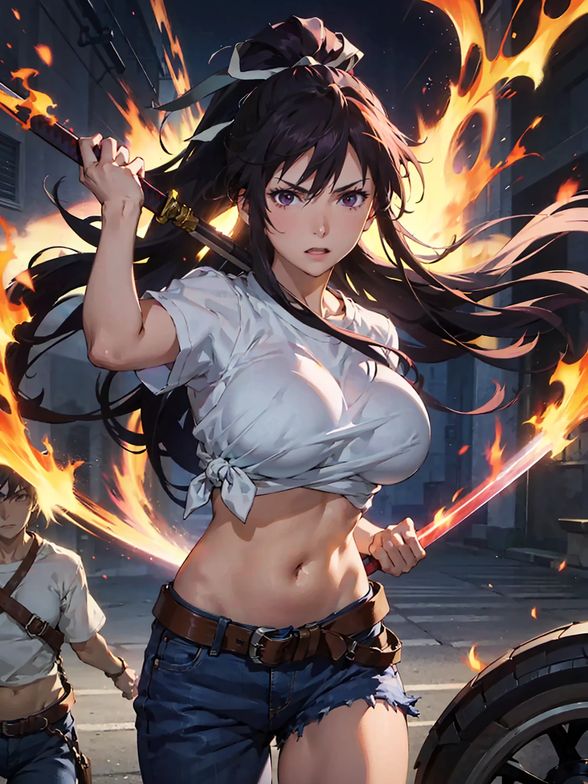 God cracks the fire weaving 、jeans、Long Hair、ponytail、Big Breasts、anime official art、Dynamic Pose、Hold the sword
