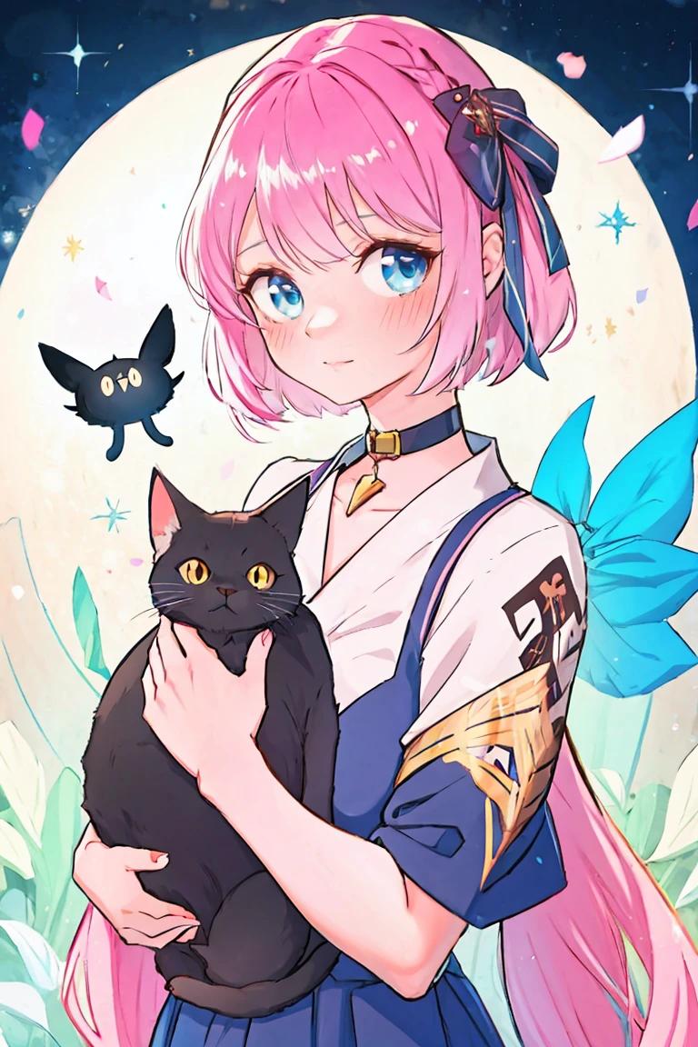 Girl with cat, Black Cat, Pink Hair，Blue Eyes, avatar