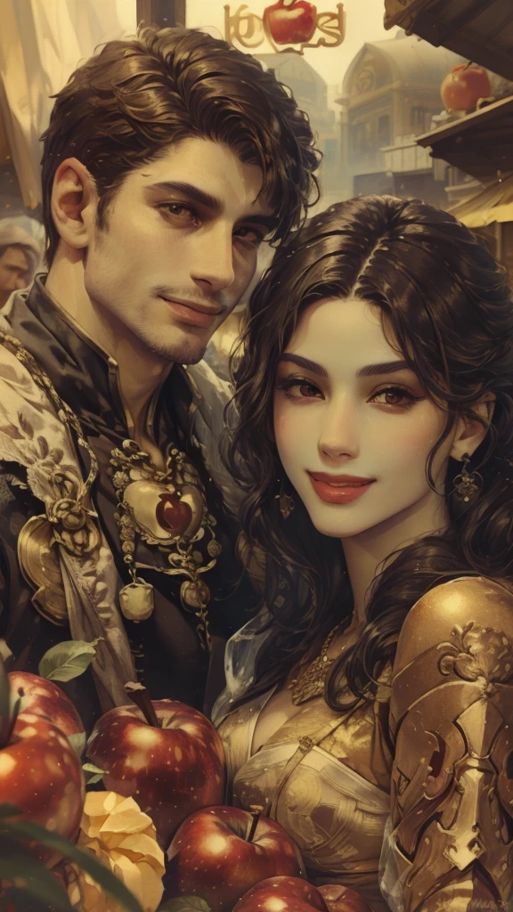 a libra zodiac sign woman and man in a busy market, holding in hand a fresh red apple, detailed facial features, close-up portrait, realistic lighting, vibrant colors, cinematic composition, photorealistic, 8k, masterpiece. Smile