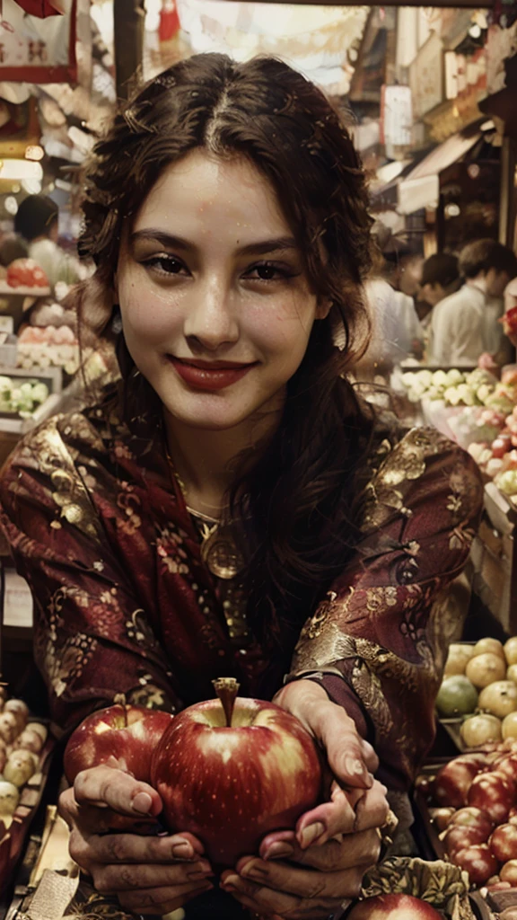 a libra zodiac sign woman and man in a busy market, holding in hand a fresh red apple, detailed facial features, close-up portrait, realistic lighting, vibrant colors, cinematic composition, photorealistic, 8k, masterpiece. Smile