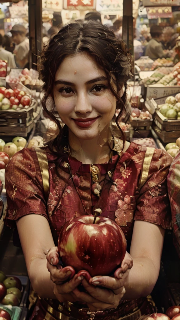 a libra zodiac sign woman and man, couple in a busy market, holding in hand a fresh red apple, detailed facial features, close-up portrait, realistic lighting, vibrant colors, cinematic composition, photorealistic, 8k, masterpiece. Smile