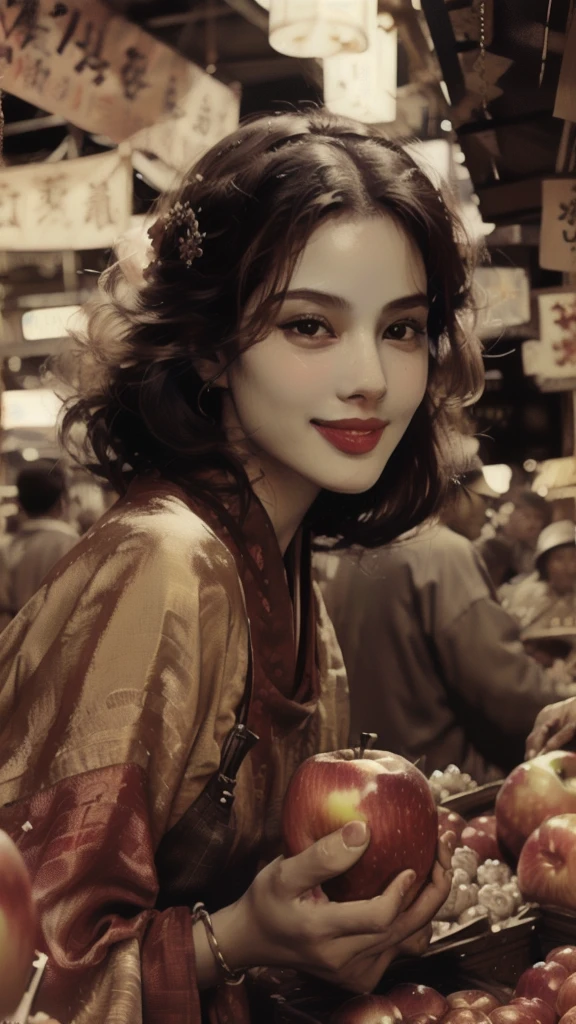 a libra zodiac sign woman and man, couple in a busy market, holding in hand a fresh red apple, detailed facial features, close-up portrait, realistic lighting, vibrant colors, cinematic composition, photorealistic, 8k, masterpiece. Smile