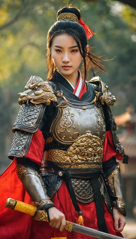 hold the  ancient chinese sword with both hands,  ready  for battle , front view, full-body,  on ground , ancient chinese girl, ...