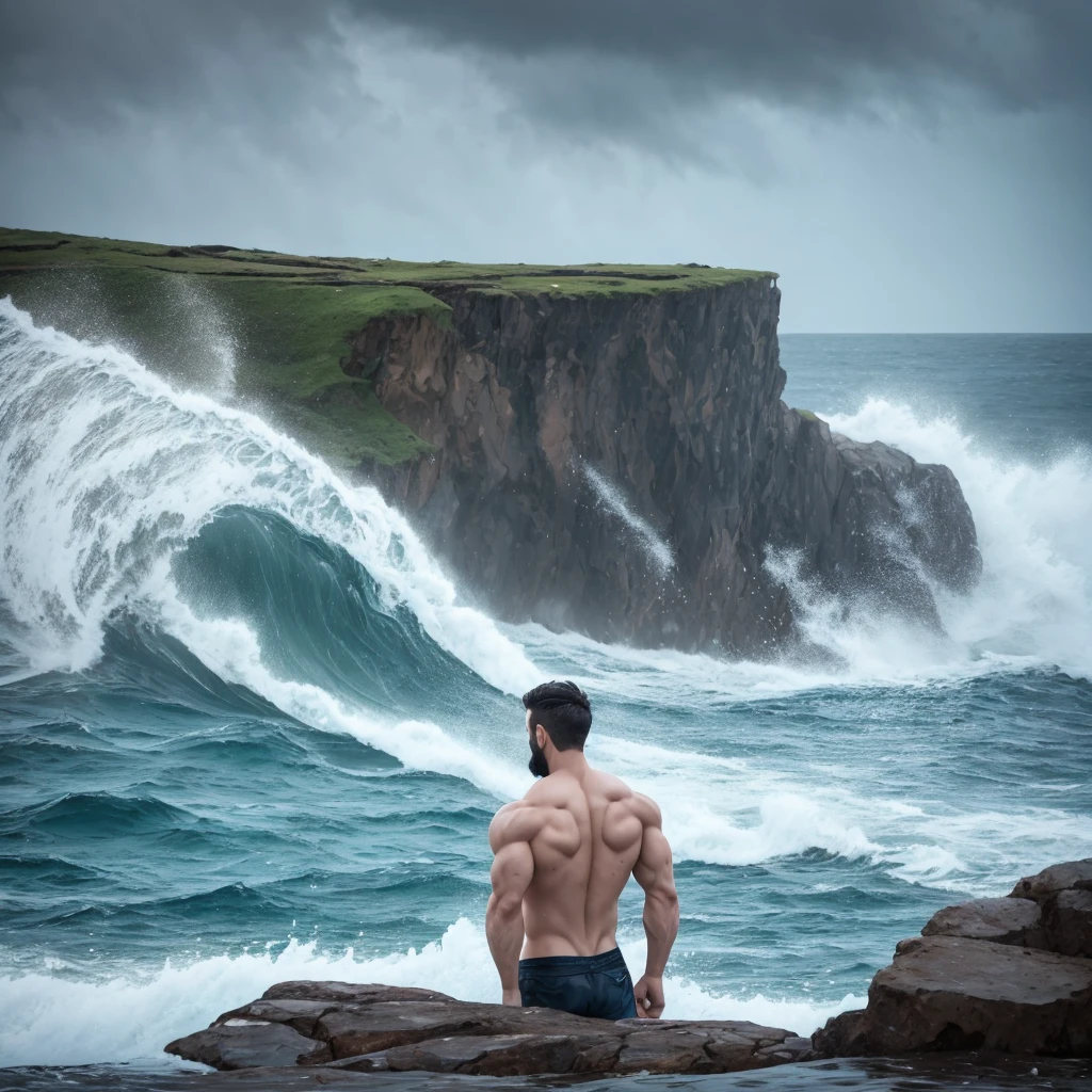 A muscular white man, 3, with a well-groomed beard, is standing shirtless on the edge of a dramatic cliff overlooking a stormy ocean. The waves crash violently against the rocks below, sending up sprays of water that mist around him. The sky is dark and filled with ominous clouds, with occasional flashes of lightning illuminating the scene. The man's stance is powerful and steady, his muscles tense as he gazes out over the turbulent sea. The camera is positioned above, capturing the scene from a high angle, emphasizing the dramatic tension between the man and the wild, untamed nature around him.