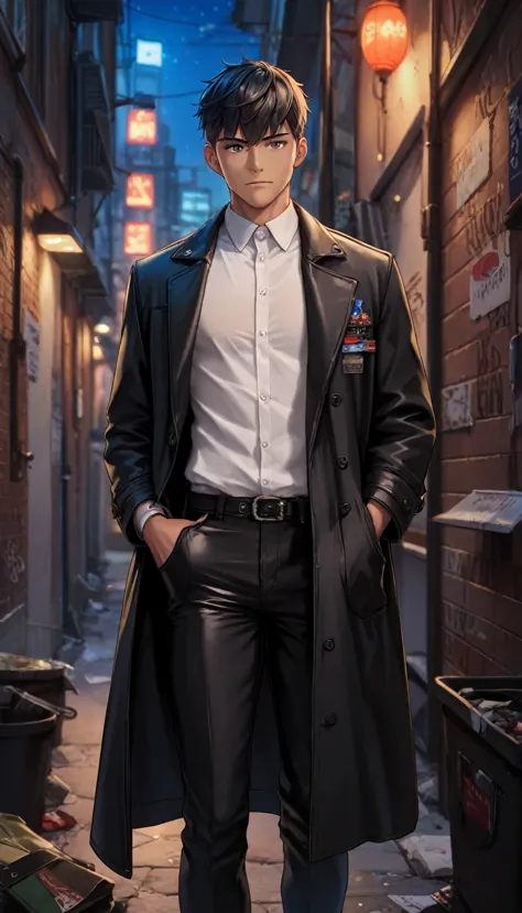 (uhd, masterpiece, anatomically correct, best quality, highres, score_9, score_8, score_7_superior, score_6_superior), male, Black Gloves, Trying to put it on my right hand, Black trench coat, Black long pants, (The right bangs are hiding her eyes, Emotionless facial expression), There are shadows on the face, (Dark Back Alley, night, it&#39;s raining), Garbage and cardboard boxes are scattered around, (Bloodstains on the ground)