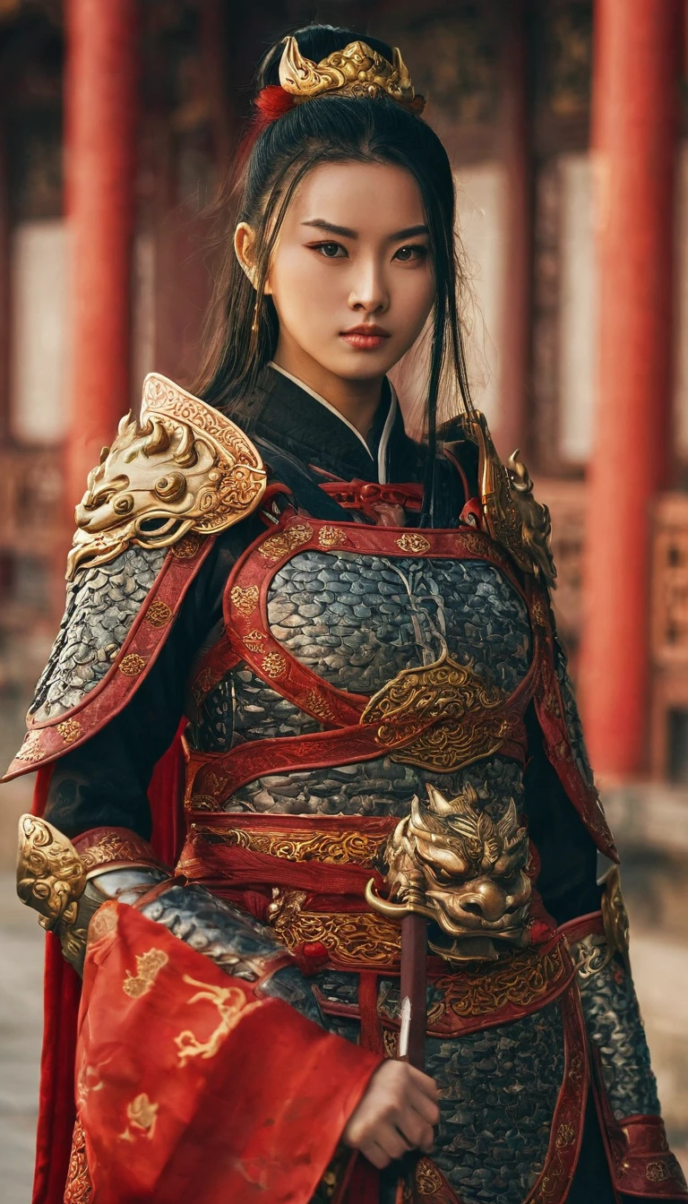 Hold the  ancient Chinese Sword with both hands,  Ready  for battle , standing in Chinese Palace, sunset, Front view, Full-body,   ancient Chinese girl, 2 century, looking at viewer, beautiful Chinese  Young General,  girl is 2, (Highly detailed face, Black hair, middle hair ,Brown eye, Variegated eyes, Ordinary eyes,  Tapered eyebrows,  Fuller lips, little Lips, sylas), (ears decoration earring), (middle breasts, middle hip), (ancient Chinese costume, Red decoration leather armor emboss armor of dragon ,  leather inner clothes,  put shoulder Red Cloak ),(ancient Chinese shoes),   (a ancient Chinese sword ,  beautiful sword, metallic bright sword),  ,(masterpiece, Highest quality, masterpiece, God-like quality, Godly art, , Very realistic)