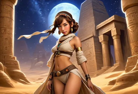 a cute yuna portrays indiana jones in a sexy outfit as she explores a desert valley with ancient egyptian architecture carved in...