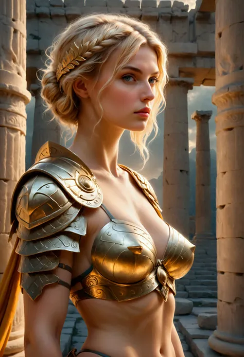 a majestic fantasy scene: an ancient greek architecture at ancient time during golden hour. a pretty blonde amazon female with a...