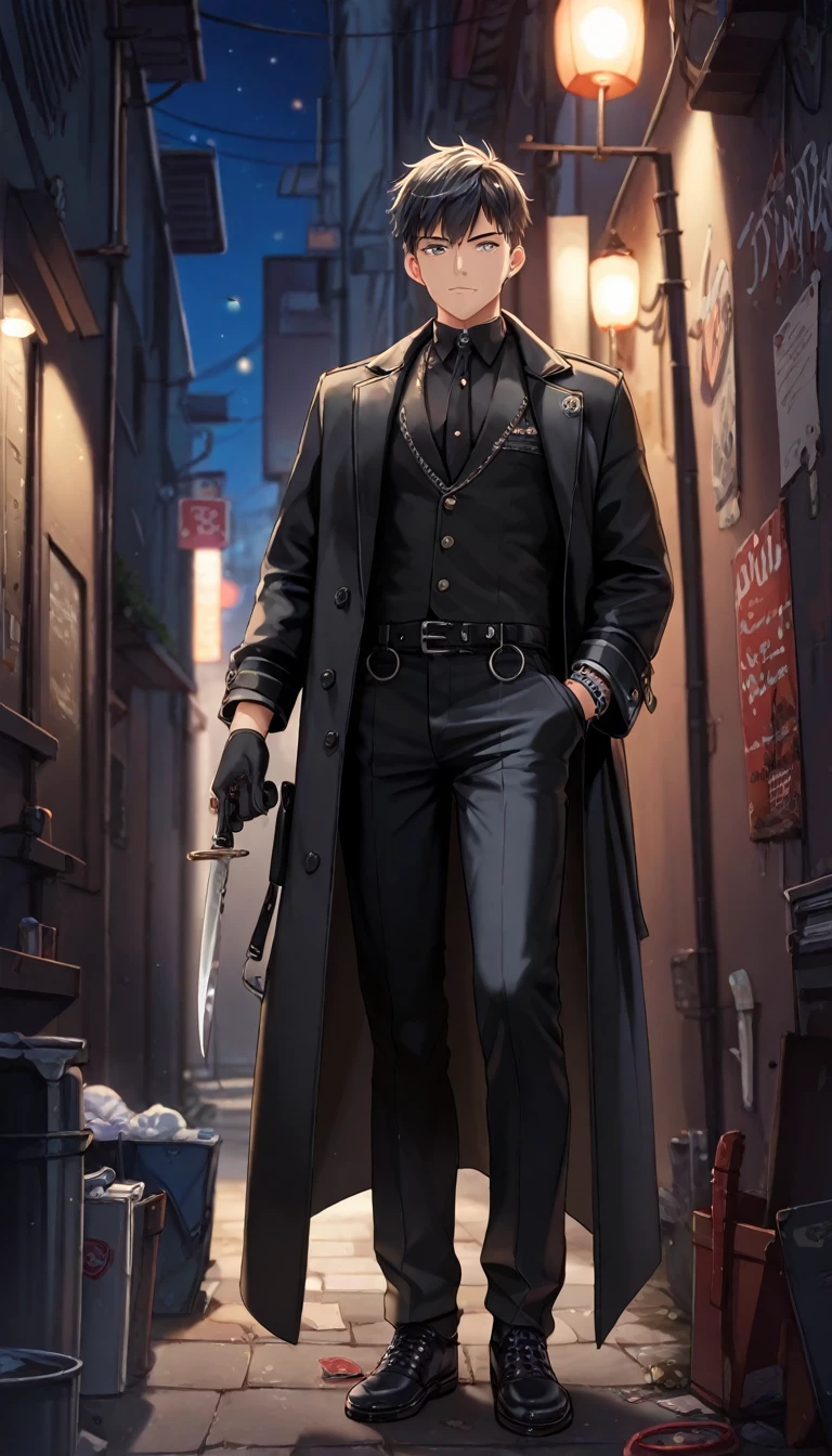 (uhd, masterpiece, anatomically correct, best quality, highres, score_9, score_8, score_7_superior, score_6_superior), superiorからの俯瞰図:1.3, male, Black Gloves, A flick of the knife in his right hand, Black trench coat, Black long pants, (The right bangs are hiding her eyes, Emotionless facial expression), There are shadows on the face, (Dark Back Alley, night, it&#39;s raining), Garbage and cardboard boxes are scattered around, (Fresh blood splatters diagonally towards the viewer:1.2)