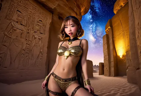 a cute yuna portrays indiana jones in a sexy outfit as she explores a desert valley with ancient egyptian architecture carved in...