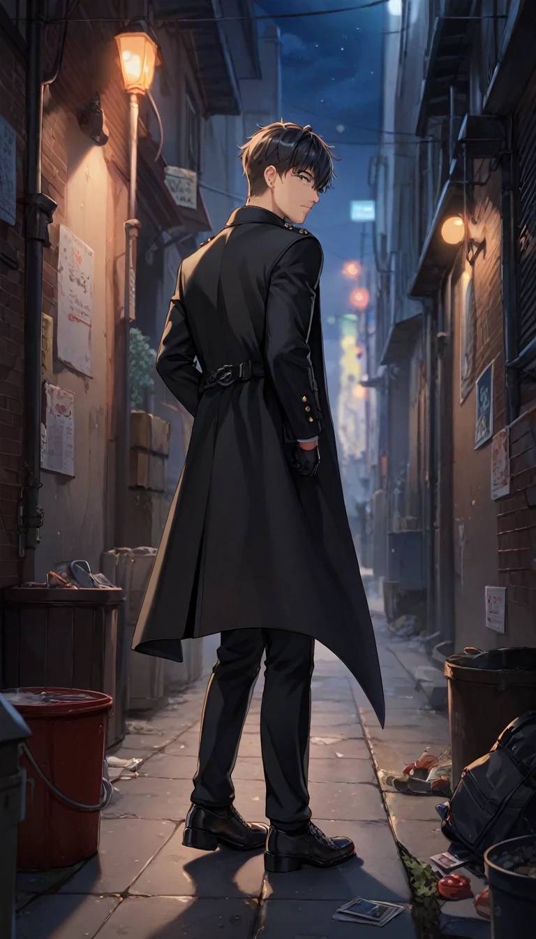 (uhd, masterpiece, anatomically correct, best quality, highres, score_9, score_8, score_7_superior, score_6_superior), superiorからの俯瞰図:1.3, male, Black Gloves, Put the knife in your right hand behind your back, Black trench coat, Black long pants, (The right bangs are hiding her eyes, Emotionless facial expression), There are shadows on the face:1.3, (Dark Back Alley, night, it&#39;s raining), Garbage and cardboard boxes are scattered around, (Fresh blood splatters diagonally towards the viewer:1.2)