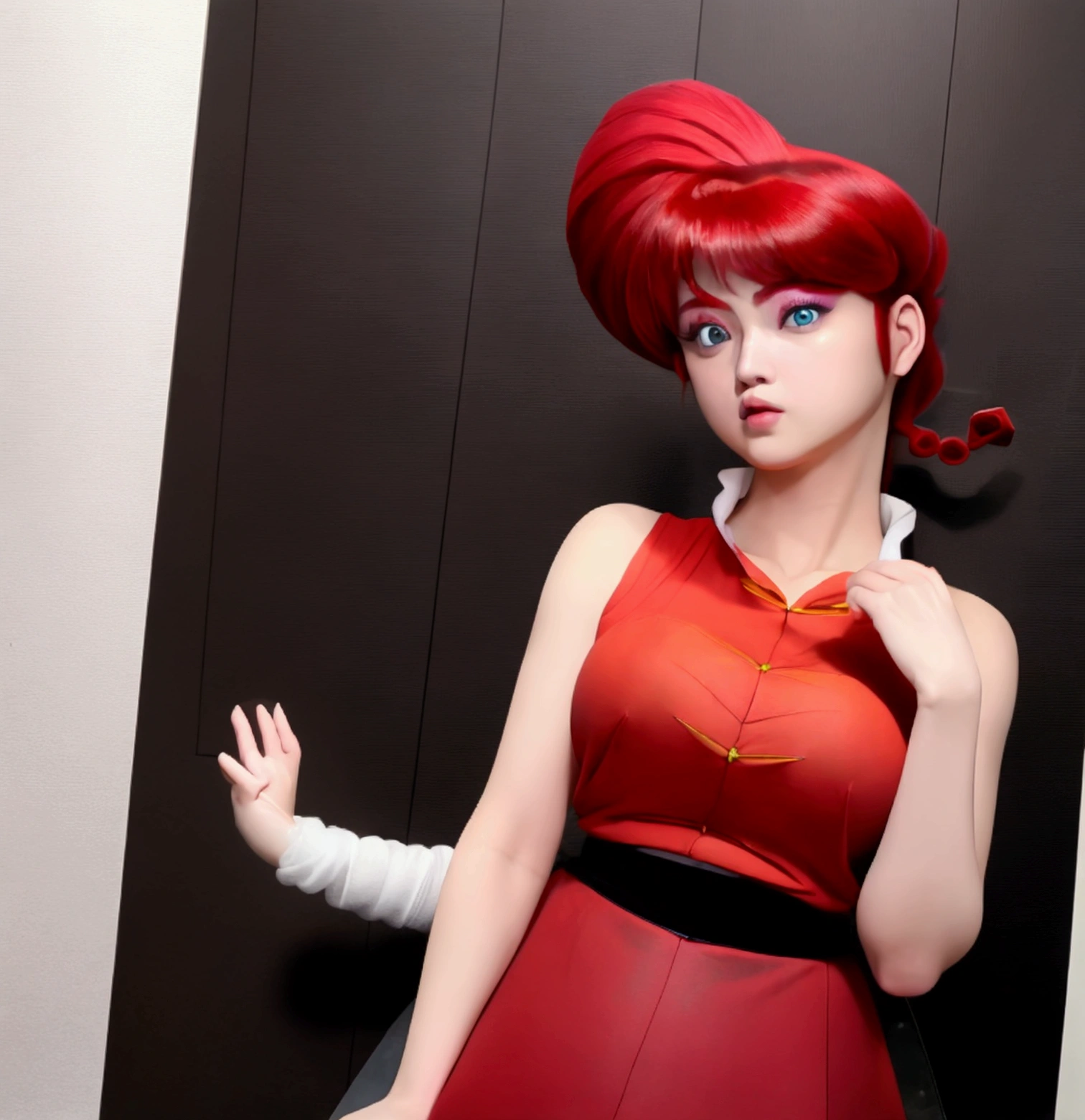 Create Female Ranma, make a girl,Clear contours, Color full-body photo, (beautiful and delicate eyes), (Nice face:1.3), childish face, Short red hair(single ponytail)， bumpy bangs, blue gray eyes, big eyes，plump breasts，top: Fitted white tank top,Bottom yellow fitted high waist skirt(actual:1.2),   (actual上下身是:3.7 scale)，face to camera，Bend one foot slightly against the calf of the other leg。