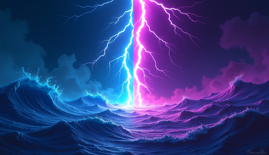 Create a dynamic and dramatic background for a BattleArt thumbnail, tailored for a specific match. The left side should reflect the identity of SeaArt, featuring stylized ocean waves in deep blue tones. The right side should contrast with a technological theme, symbolizing PlaygroundAI's robotic nature, with sleek, metallic patterns, circuit lines, and digital textures in vibrant violet. The center should have a sharp division with dramatic lightning bolts in two colors, creating a powerful, unified yet contrasting atmosphere. Ensure that both sides blend seamlessly in the center, maintaining a consistent style while showcasing the unique identities of the competing AIs.