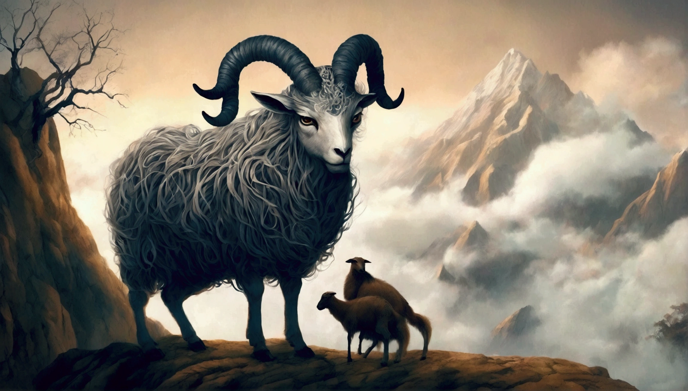 Surreal illustration，Depicts a monster with intricate details，A mysterious creature，Perched on the base mountain，It looks like a sheep，Long horns，(((9 big tails:1.37，4 ears，Its eyes are on its back.)))。Body covered with soft and dense hair，It gives a warm and homely feeling。Even though it looks cute，But the 猼蒼 is a strong and brave creature.。Highlighting detailed artwork, Adds a mysterious and otherworldly atmosphere.