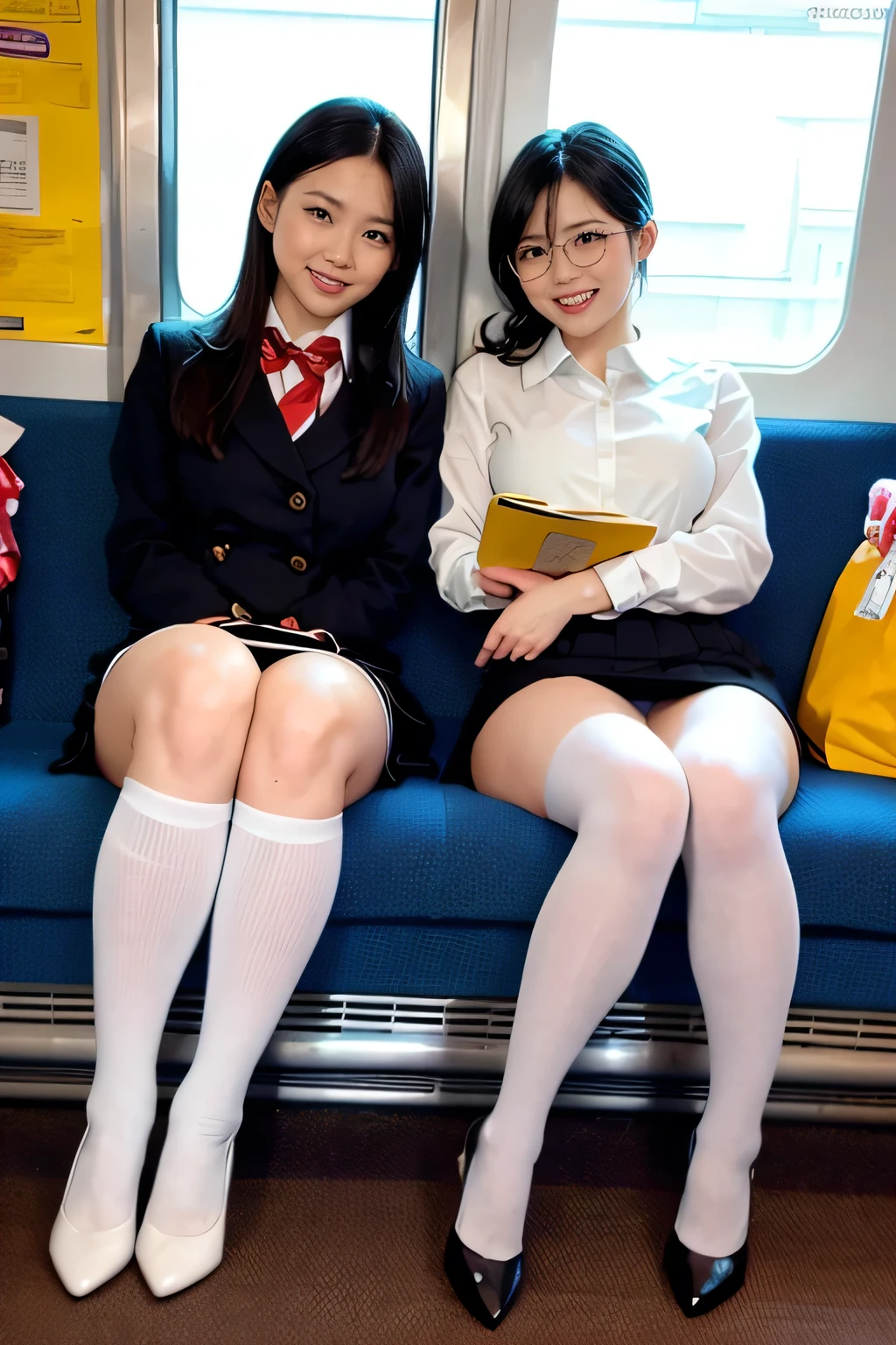 4K.Sharp focus、(((Sit well))), Beauty sitting on train seat, Taken from the opposite seat, Knee height seat, View Photographer, Tall Woman, One Woman, whole body, (Smiling at the photographer), tight skirt, (Over the knee socks), High heels, Sexy Dress, Long legs, Heavy makeup, Perfect Makeup, Perfectly styled hair、Clothes that show the chest、Glasses、Thin and long elbows、(School girl wearing a white blouse) 、Perfectly symmetrical eyes、Fuller lips、Ample breasts、Tight waist、Sweaty thighs、２Book Arms、(Over the knee socks)、(Accurate joint placement５Book fingers)、A woman with anatomically correct muscles and bones、school uniform,