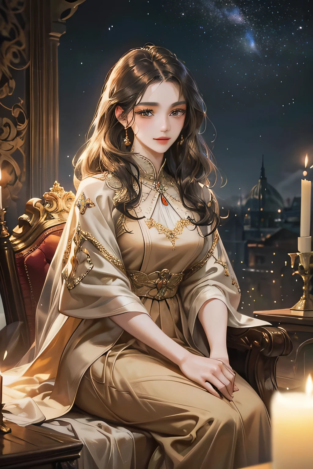 a charming woman, gentle, wearing a brown gown, black eyes, black long wavy hair, sitting on a throne, galaxy scenery, light smile, half body, fair skin, delighted face, sweet look, (best quality,4k,8k,highres,masterpiece:1.2),ultra-detailed,(realistic,photorealistic,photo-realistic:1.37),HDR,UHD,studio lighting,ultra-fine painting,sharp focus,physically-based rendering,extreme detail description,professional,vivid colors,bokeh,portrait