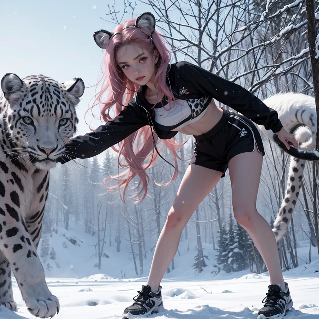 ((best quality)), Long wavy pink hair, black hair ribbons, monochrome white and pink eyes, snow leopard ears, snow leopard tail, parted lips, fangsover bottom lip, black and white sport outfit, 1girl, solo, crop top, shorts