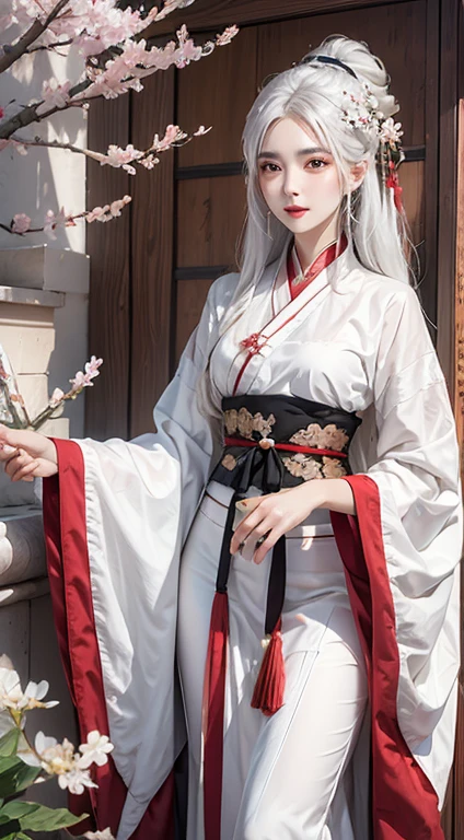 high resolution, 1 female, Solitary, Shiny skin, Jewelry, Above the waist, White hair, Hanfu, Taoist robe, Cherry blossoms