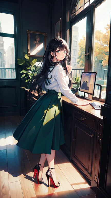 ((masterpiece, high resolution, better quality, better details)), ((Smiling)), ((one girl)) a girl standing, full body, maxi green skirt, blouse,((louboutin high heels)), green eyes , ((black hair, long hair)), shiny skin, ((from behind)), solo, full body, focus full body, high heels, in office, working secretary