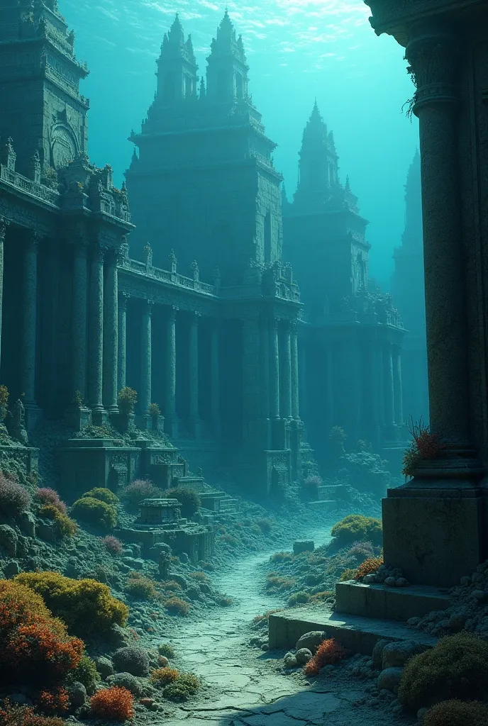 a massive underwater ancient sunken city, colossal ancient underwater architecture, dark and cold underwater world, vast sunken ruins, massive sunken metropolis, detailed intricate architecture, crumbling stone buildings, overgrown with coral and sea life, mysterious lost civilization, dramatic lighting, ethereal atmosphere, cinematic composition, hyper-realistic, 8k, photorealistic, masterpiece